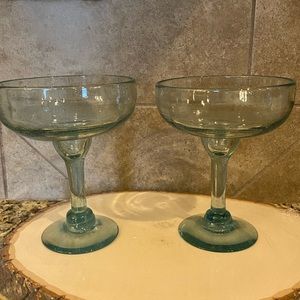 Mexican Hand Blown Bubbled Margarita Cocktail Green Heavy Thick Glasses Set of 2